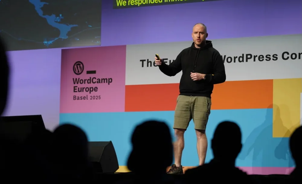 Noel Tock giving a keynote at WordCamp Europe 2025 in Basel